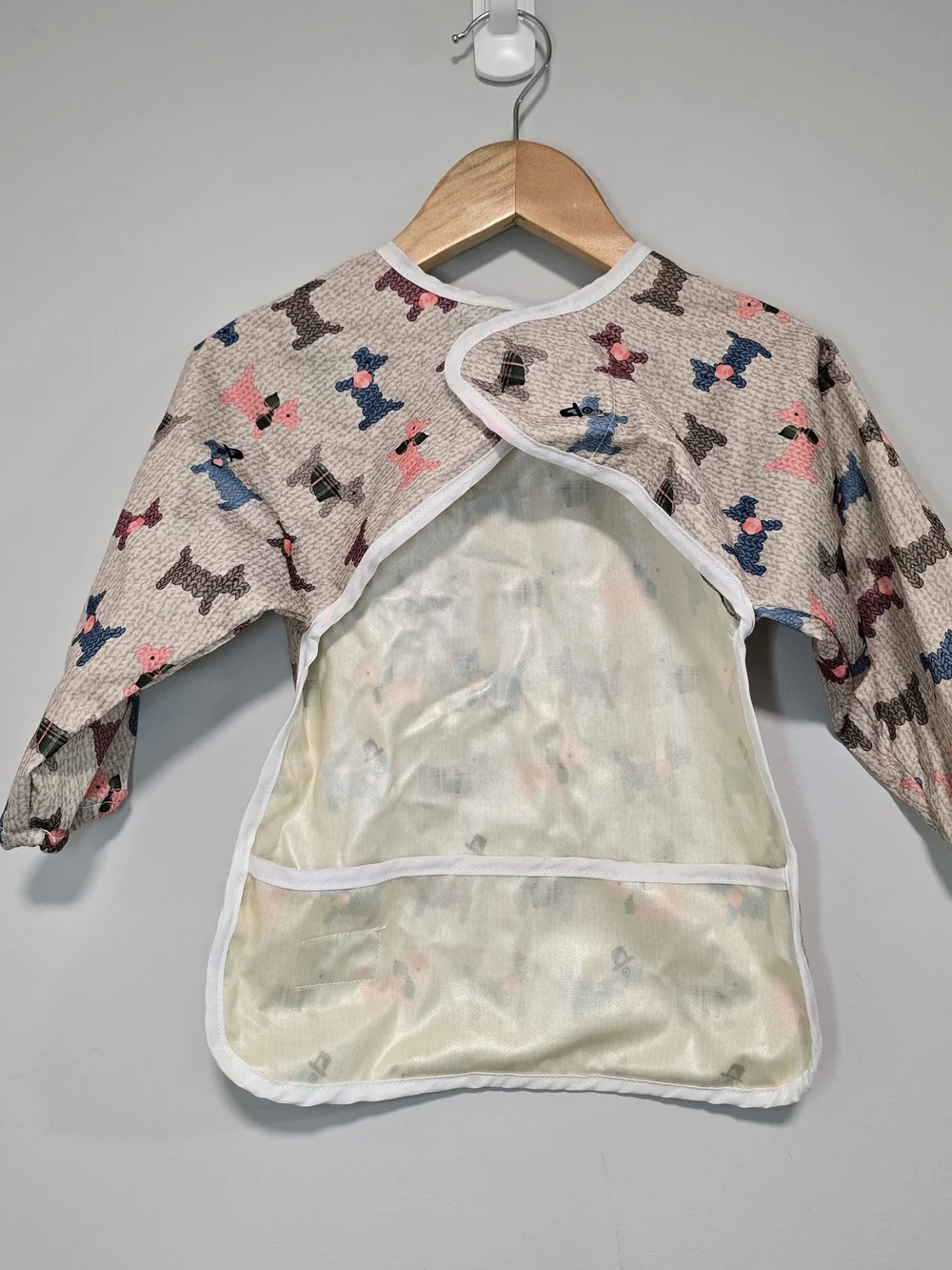 3 for $10 Smock & BiBs -Neutral Plaid & Puppy Print Long Sleeve Bib NWOT,